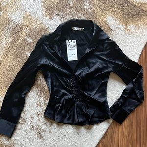 ZARA black button down fitted satin effect blouse